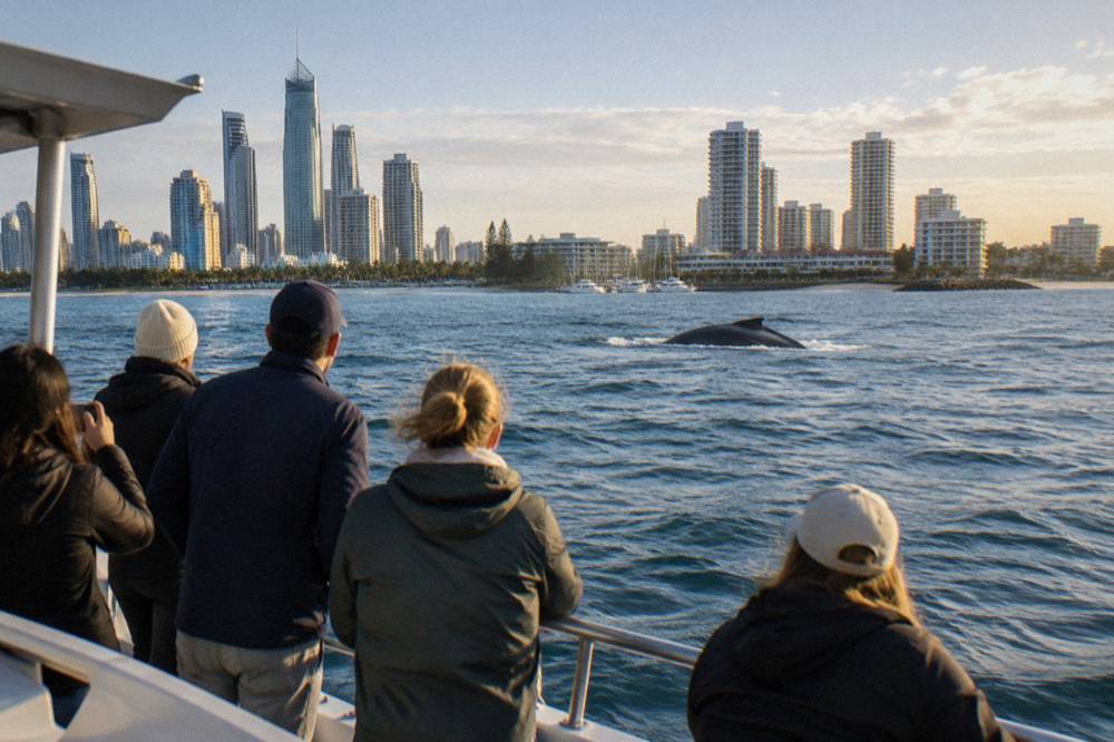 A mid-sized whale watching boat with guests along the rail near a Gold Coast headland