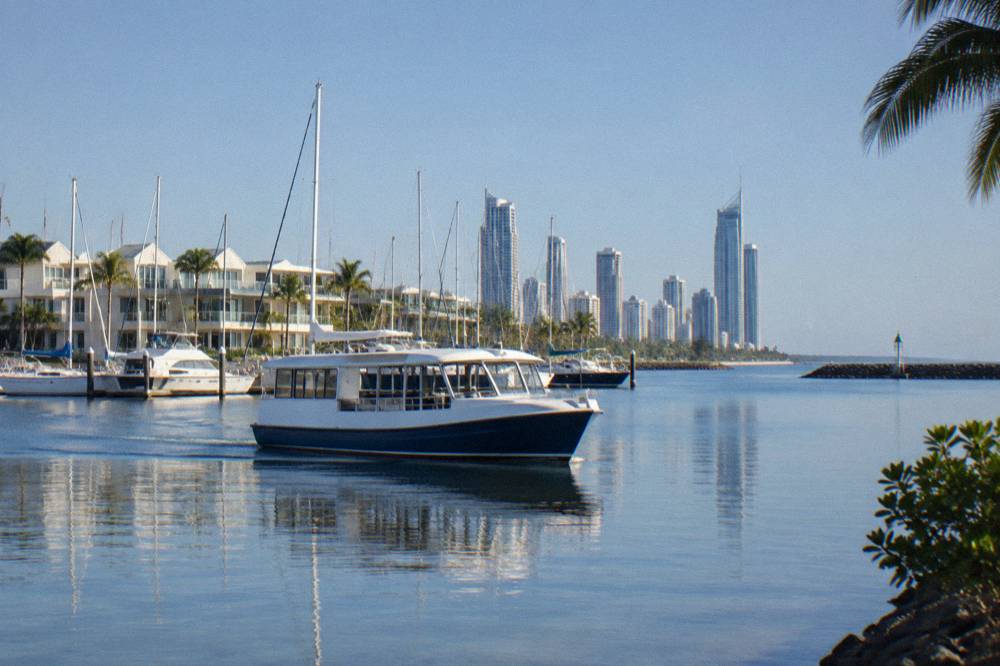 A whale watching boat cruising along the Gold Coast Broadwater near the Seaway